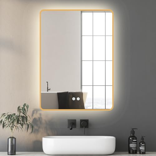ApeJoy Gold Badspiegel Led Beleuchtung Rechteck 60x80/80x60cm, Wandspiegel mit Antibeschlag und mit Touch Schalter, Licht Wechsel 2700-6500K Warmweiß-Kaltweiß-Neutral Memory Funktion [Energieklasse F]