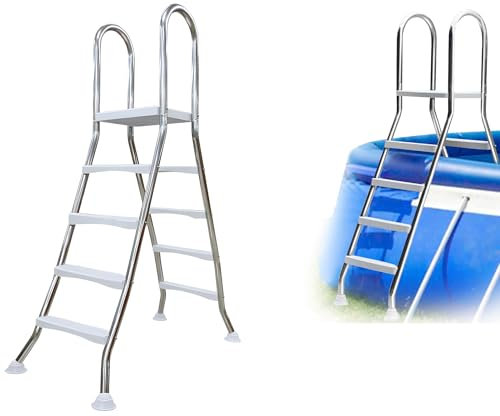 AIBOTY Stahlrahmen-Sicherheitsleiter für 135 cm oberirdische Pools, Außen-Terrassen-Schwimmbad-Plattformleiter, doppelseitige Schwimmbad-Leitern, Pool-Treppen Last 250kg
