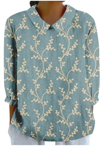 Linen Tops for Women UK Plus Size Long Sleeve Pleated Wedding Blouse My Orders Womens Essentials Top Summer Casual Tee Tshirt Ladies 2024 Floral Print Daily Tees Tunic Blouses (01-A-Blue, L)