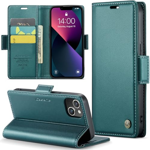 Rerzoiro Handyhülle für iPhone 14 Hülle, Premium PU Lederhülle Klappbar Flip Case [RFID Blocker] Tasche Magnet Kartenfach Klapphülle Schutzhülle für iPhone 14, Türkis
