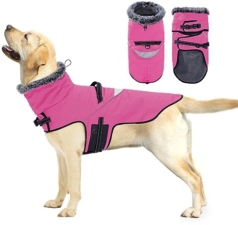 PAWIVID Wasserdichter Winter-Hundemantel - Winddichte Warme Reflektierende Jacke mit Geschirr und Traktionsschnalle für Kleine, Mittlere, Große Hunde Outdoor-Camping Wandern (Rosenrot, S)