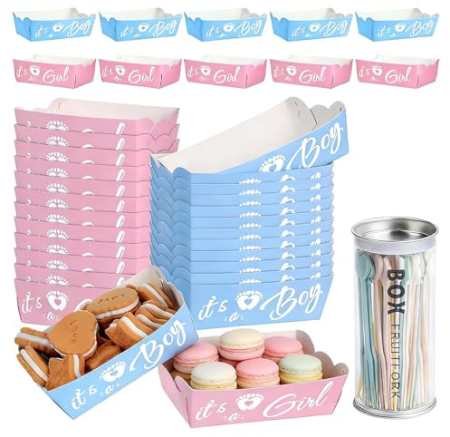 36 PCS Baby Gender Reveal Paper Plates, Paper Food Trays with 36 Pcs Forks | Disposable Serving Tray, Popcorn Candy Boats for Baby Shower Gender Reveal Party Supplies