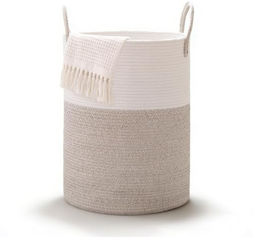 Wäschekorb mit Henkel,Aufbewahrungskorb,Geflochten Korb,38 * 50cm Groß Rund Wäschesammler mit Baumwoll Henkel für Decken und Spielzeug für Wohnzimmer oder Waschraum (Weiß-Braun)
