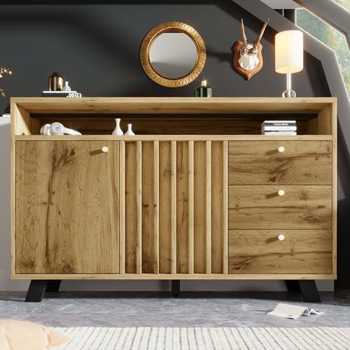 Merax Sideboard Kommode mit offenem Fach und Lamellenfront,3 Schubladen 2 Türen,Sideboard Holz Buffet mit höhenverstellbaren Einlegeböden,Vintage Stil,dunkle Eiche/120x40x85 cm