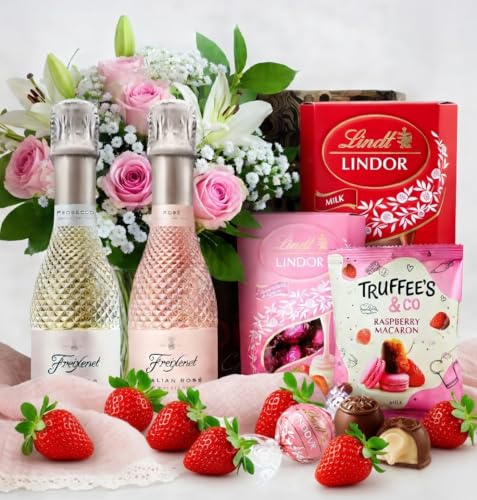 The Pink Prosecco & Italian Rosé Gift Hamper with 2x Lindt Lindor Milk Chocolates(200g) and Truffee's & Co Raspberry Macaron