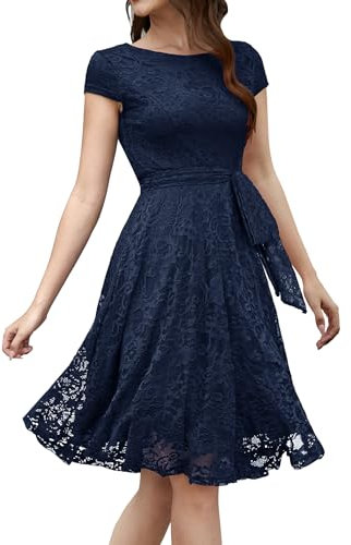 MuaDress 6008 Cocktailkleid Knielang Cape Ärmel Spitzen Brautjungfernkleid Floral Elegant Marineblau XXL