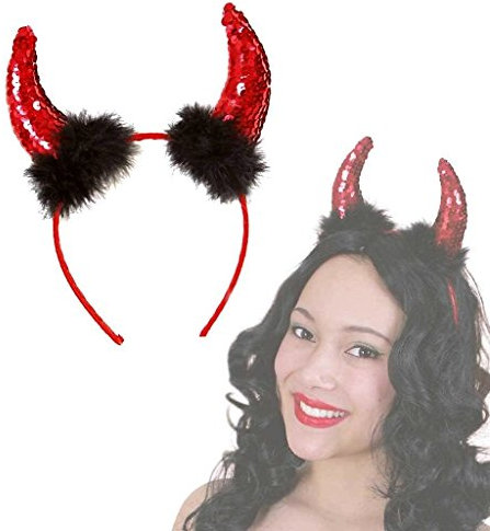 KarnevalsTeufel Teufelshörner mit künstlichen Marabufedern, rot mit Pailletten, Haarreif, Devil, Satan, Halloween