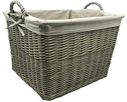 JVL Antiques Canvas Lined Rectangle Log Basket with Loop Handles Holzkorb, rechteckig, mit Schlaufengriffen, Antik Wash, 47 x 47 x 54 cm