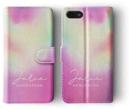 Tirita Personalised Leather Flip Wallet Phone Case with Card Holder Compatible with iPhone 5 / 5s / SE 2016 - Tie Dye Neon Name [16 - Nacreous Pink Pearl]