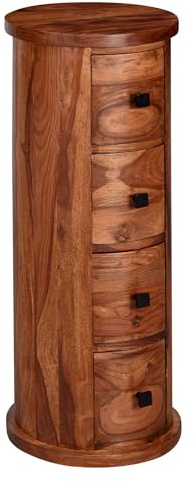 Wohnling Design Sideboard Sheesham Massivholz 35x85x35 cm, Schränkchen mit 4 Schubladen, Schmaler Beistellschrank Massiv, Mini Kommode Rund