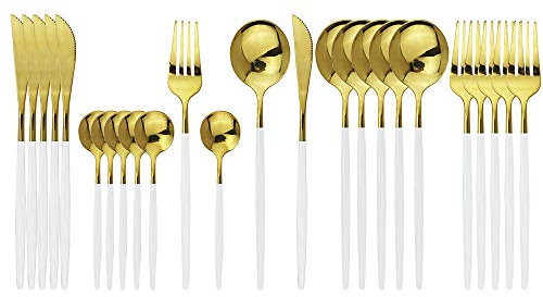 JASHII - Set di posate da 24 pezzi, set di posate in acciaio inossidabile, posate in oro bianco, stoviglie moderne ed eleganti per feste, Natale, cena