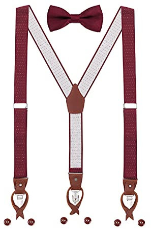 Herren Hosenträger Fliege Set 2 WAY TO WEAR 6 Leder Knopfloch 3 Clips Y-Form 3,5cm Breit Verlängerte Hosenträger für Körpergröße 160-200cm - Gepunktet Bordeaux Rot