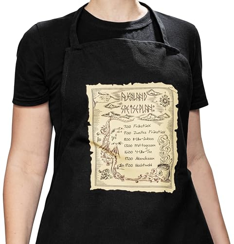 Küchenschürze Auenland Speiseplan – Baumwoll Grillschürze Schwarz | 100 % Baumwolle, Schwarz, Verstellbares Nackenband, Große Frontfläche, Für Kochen, Backen und Grillen