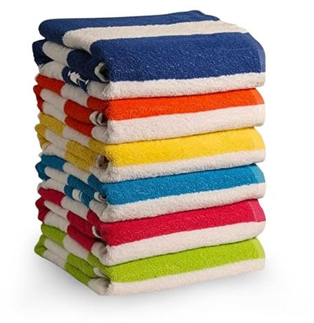 QUBA LINEN 100% Cotton Beach Towels, Cabana Stripe Beach Towel, Large Pool Towels, Highly Absorbent, Light Weight, Soft and Quick Dry Swim Towels, for Parties, Guests (Pack of 6)