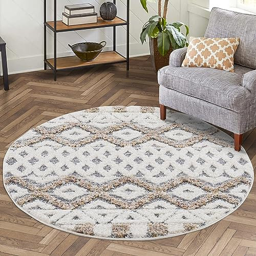carpet city Teppich Hochflor Wohnzimmer - 120x120 cm Rund - Scandi-Look Ethno Creme Grau - Cut-Loop, Hochtief, 3D-Effekt - Shaggy Teppiche Flauschig-Weich Schlafzimmer Langflor