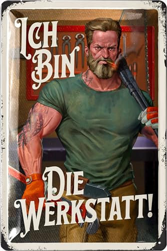LANOLU Retro Blechschild ICH BIN DIE WERKSTATT! - nostalgie Deko Werkstatt Papa - Vatertagsgeschenk Schild - Werkstattschild Regeln mit Spruch für Mann - vintage Metallschild, 20x30cm