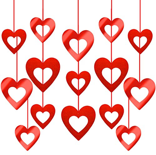 40 Stück Valentinstag Dekoration Set, Deko Herz Hängend Girlande Rotes Herz zum Aufhängen Glitzer Herzwirbel Hängende Dekoration Ausgehöhlt Valentinstag Herz Ornamente für Hochzeit Party Jubiläum