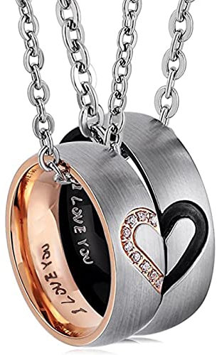 Brateuanoii Paar Halskette, Halskette Damen, Halskette Für Paare, Freundschaftskette, Paar Halskette Herz, Kette 60Cm 50Cm Silber,Mit Ring Anhänger, Roségold, Schwarz