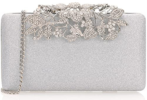 Dexmay Glitzer-Clutch-Tasche mit Kristall-Blumenverschluss, für Damen, Abendtasche, formelle Party, Geldbörse, Silber, Glitzer-Version/Silber, Medium