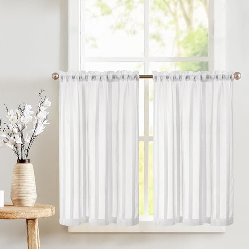 TOPICK Sheer Scheibengardinen Weiß H 115 x B 90 (cm) 2er Set mit Tunnelzug Transparent Bistrogadine Landhaus Streifen Voile Küchenvorhang Gestreift Küchengardinen Paarig für Badezimmer Klein Fenster