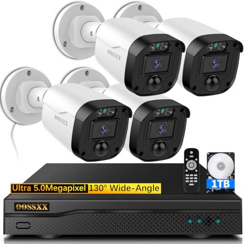 (5MP HD Überwachungskamera Aussen Set) Videoüberwachung Sicherheitskamerasystem, Kamera Überwachung, Kamera und DVR für Aufnahme Innen Outdoor AHD 4CH 1TB Festplatte Draht System Überwachung NVR Kits