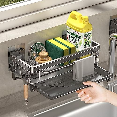 QUTHZZHY Spülbecken Organizer, Sink Organizer, Spüle Organizer, Spülorganizer Aluminium, mit Abtropfschale, Küchen Schwammhalter Kein Bohren Erforderlich, für die Aufbewahrung in Küche (Grau)