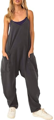 Litthing Salopette Donna Estiva Casual Pantaloni Baggy Oversize Allentata Con Zip Jumpsuit Premaman Larga Overall Taglie Forti Spalline Sottili Tinta Unita Con Grandi Tasche Senza Maniche Comoda