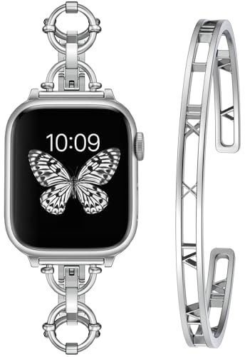 Beutirer Kompatibel mit Apple Watch Armband 41mm 40mm 38mm Damen, leichtes iWatch Metall Armband mit Modischen Römischen Ziffern Armreif für Apple Watch Series 9 8 7 6 5 4 3 2 1 SE(41/40/38mm Silber)
