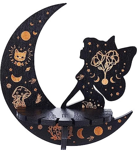 CREATCABIN Kristall-Display-Regal Holzkristall-Wandregale Mond-Elfen-Schwimmhalter Aufbewahrungsregal Altar Hexenartikel Für Stein Ätherisches Öl Meditation Spirituelles Geschenk Schwarz 16x15cm