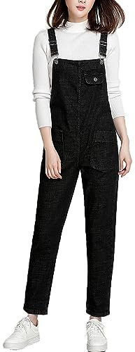 Vanchenl Salopette da donna, casual, in denim, regolabile, pantaloni harem, Nero , S
