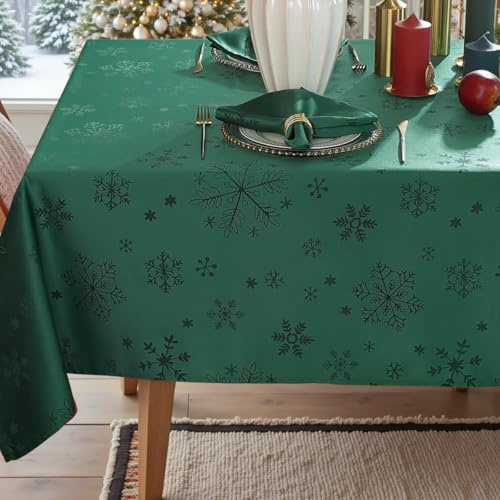 MATIRUG Weihnachtstischdecke 60 x 120 für rechteckige Tische, auslaufsicher, knitterfrei, grüne Schneeflocke, Jacquard-Stoff, Tischdecke für Weihnachten, Winter, Urlaub, Neujahr