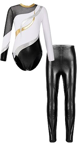 Doomiva Mädchen Turnanzug Zweiteiler Gymnastikanzug Glänzende Sportanzug Langarm Sportbody und Leggings Bekleidungset Weiß schwarz 122-128