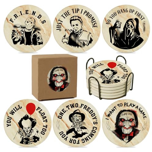 Horror-Halloween-Dekoration für Küche und Zuhause, gruselige Filme, Stein- und Korkuntersetzer für Couchtisch, Getränke, 6 Stück, gruselige Killer-Untersetzer-Set mit Halter, cremefarbenes Geschenk