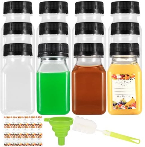 12 Stück 120ml Plastikflaschen zum Befüllen, Leere Shot Flaschen zum Befüllen, Saftflaschen Kunststoff Wiederverwendbare, Getränkeflaschen mit Deckel für Saft, Milchshakes, Smoothies, Getränken