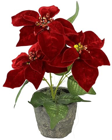 Künstliche Blume Poinsettia mit 3 Blüten im Topf Weihnachtsstern Christstern Weihnachtsdeko Weihnachtsblume Kunstblume Weihnachtliche Einzelblume Zweig X'Mas Strauß Geschenk Deko Adventsstern