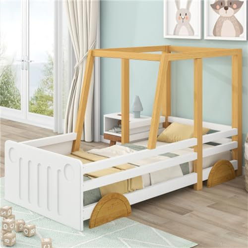 Bett Auto Kinderbett mit Dach Auto und Rollen MDF Weiß + Natur 90 x 200 cm Lattenrost Kiefer Fallschutz Geeignet für Jungen und Mädchen Junior Betten