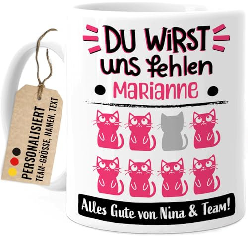 Tassenliebling® Abschiedsgeschenk Kollegin Tasse personalisiert - Abschied Kollege Kollegin Tasse - Du wirst uns fehlen mit Katzen - Bürotasse Jobwechsel - Arbeitskollegin - Keramik 330ml