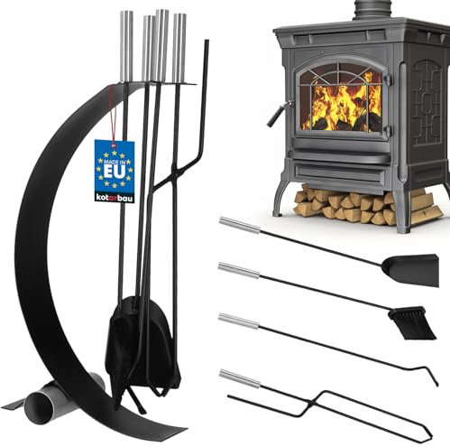 KOTARBAU® Kaminbesteck Schwarz Modern Ofenbesteck Stahl Kaminofen Zubehör Kamingarnitur Set Bürste Schaufel Zange Schürhaken mit Edelstahlgriffe Ständer Kamin Reinigungsset Kaminzubehör Kaminwerkzeug