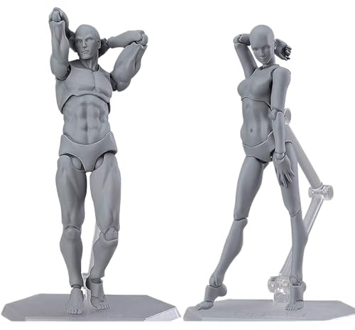Künstlerpuppe mit Blockkopf, Gelenkpuppe, Zeichnen, kleine Figur Modell zum Skizzieren, Malen, Zeichnen, Künstlerset männlich + weiblich (Hautfarbe)