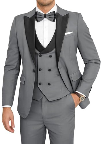 SPTALLFITJSV Mens 3 Piece Tuxedo Suit Slim Fit Wedding Prom Dinner Tuxedo for Men Double Breasted Suits Set with Bow Tie, Grey, M