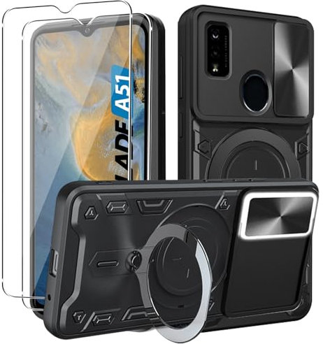 CONAPIKA Funda para ZTE Blade A51 + 2 X Cristal Templado, con 360 Grados Soporte Magnética + Cubierta de Cámara Deslizante, PC Dura y TPU Silicone Anti-Choque Case, Negro