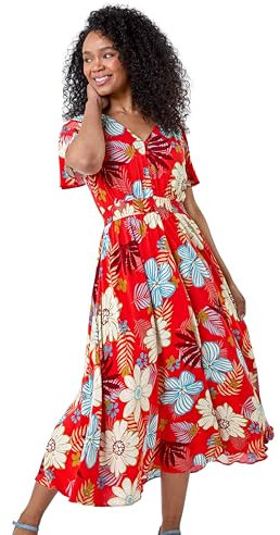 Roman Originals Shirred Waist Dress for Women UK Ladies Midi Maxi Summer Spring Tiered Frill Hem Empire Waist Short Sleeve V Neck Gathered Skirt Bohemian Holiday - Petite Floral Red - Size 16