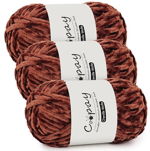 Coopay Chenille Wolle zum Häkeln, 3x100g Samtig Chenillegarn, Dicke Flauschige Weich Chenille Garn, Chenille Wolle, Weicher Plüschwolle Häkelgarn für Decken, Schals - Kaffee