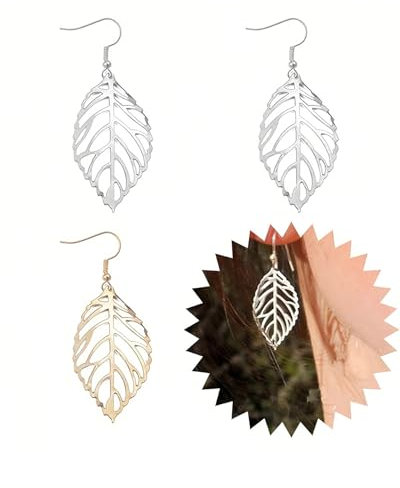 QLEUIFT 2 Paar Hängeohrringe mit goldenen Blättern, Filigrane, lange Blätter, Metallhaken, Schmuck für Frauen und Mädchen, Gold und Silber