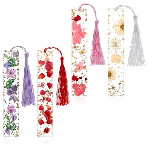 4 Stück Gepresste Blumen Lesezeichen, Getrocknete Blumen Harz Lesezeichen Personalisiert Niedlich Bookmark mit Quasten Lesezeichen Mädchen Lesen Zubehör für Schüler Lehrer Leser Geburtstagsgeschenke