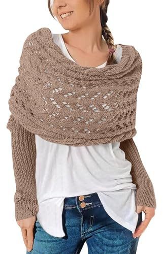 Schal Mit Ärmeln, Gestrickter Schal Umhang Strickschal Damen Multifunktionaler Schal Mit Ärmeln Für Damen Winter Schal Mit Ärmeln Sweater Wrap Mit Ärmeln Boho Pashmina Schal Strick Schal,Camel