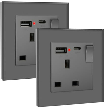 BSEED Single Switched Socket with USB C and USB A Charging Ports, UK Standard Electric Power Sockets with Glass Panel, 1 Gang Wall 13A Socket, Grey, 2 Pack