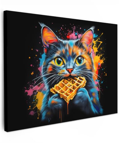 MuchoWow© Leinwand Deko Schlafzimmer Aesthetic Leinwandbilder Wohnzimmer | 70x50 cm - Gemälde Foto Geschenk Living Room Decoration Katze - Graffiti - Bunt - Waffel - Essen