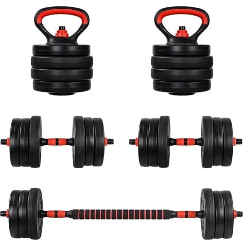 MOVIT® Hanteln Set 6in1, 20/30 kg, Verstellbar, Kunststoff, Push Up Griffe | Schwarz und Rot/Orange, mit rutschfesten Griffen und gepolstertem Langhantel-Verbinder; Dumbbell Set, Kettlebell, Kurzhanteln