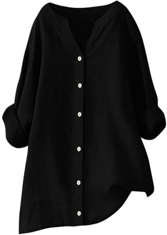 Chemise Femme Lin Chemisier Coton Et Lin pour Femmes Col en V Bouton Manches Longues Tops Couleur Unie Vintage Ample Respirant T-Shirts Grande Taille Pas Cher Casual Tunique Blouse Soldes